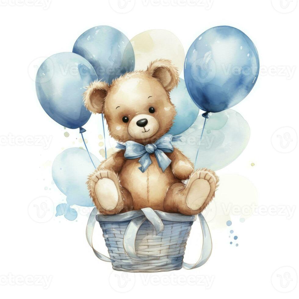 AI generated A watercolor baby teddy bear is sitting in the basket with blue and gold balloons. AI Generated photo