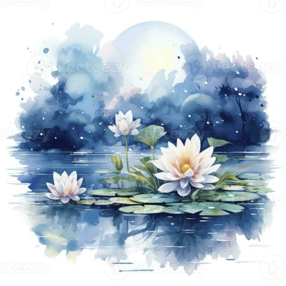 AI generated Floral Moon and Water Lilies on a white background. AI Generated photo