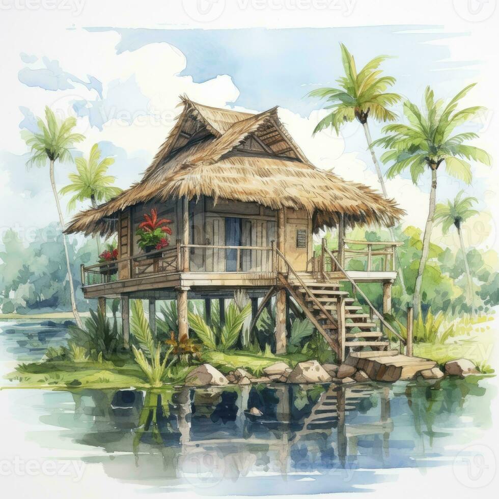 AI generated A watercolored bright serene image of a traditional bahay kubo. AI Generated photo