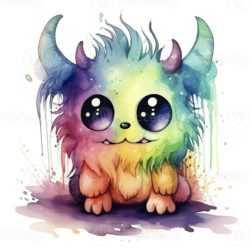 AI generated Watercolor cute monster on white background. AI Generated photo