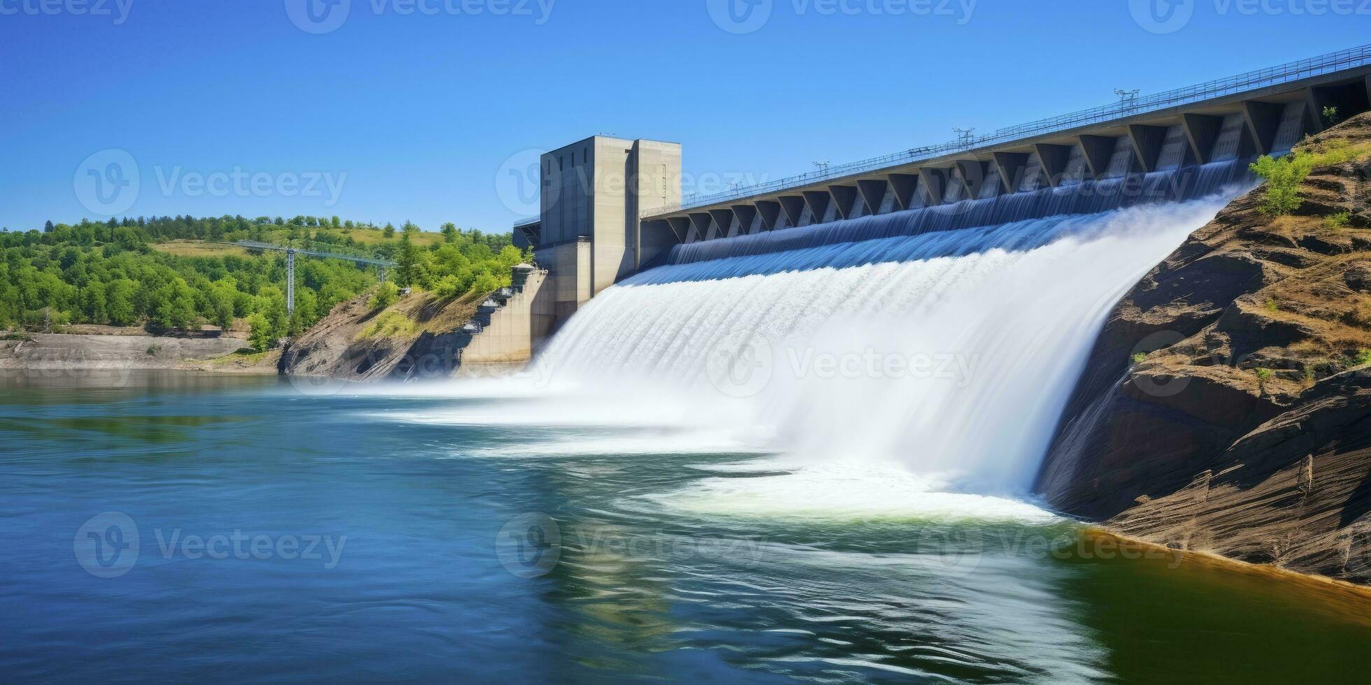 ai generado hidroeléctrico represa generando verde energía desde fluido agua. ai generado. foto