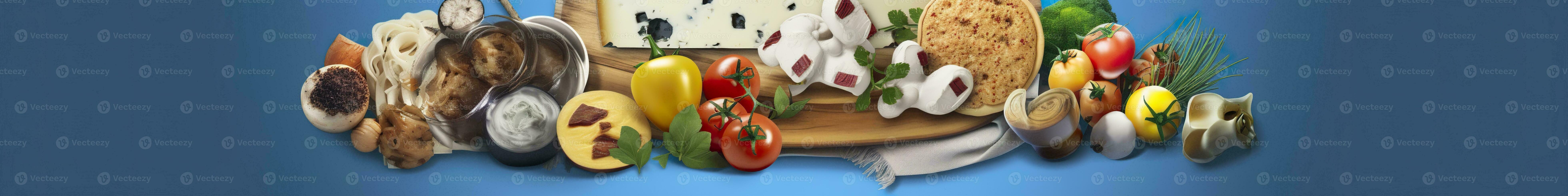 AI generated Web page banner of famous Italian food recipes on clean blue background. AI Generated photo