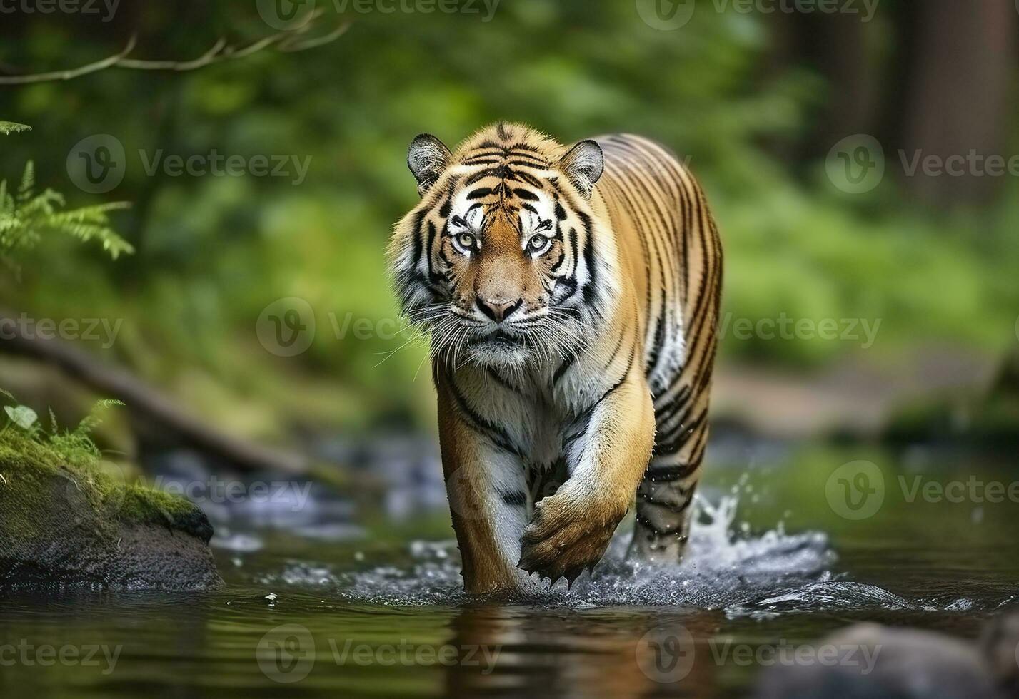 AI generated Amur tiger walking in the water. Dangerous animal.  Animal in a green forest stream. Generative AI photo