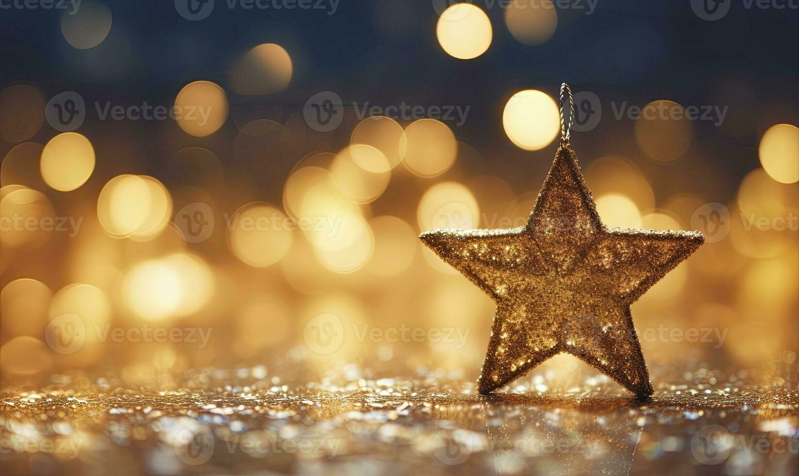 AI generated Sparkling Golden Christmas Star. Ornament Decoration Defocused Bokeh Background. AI Generated photo