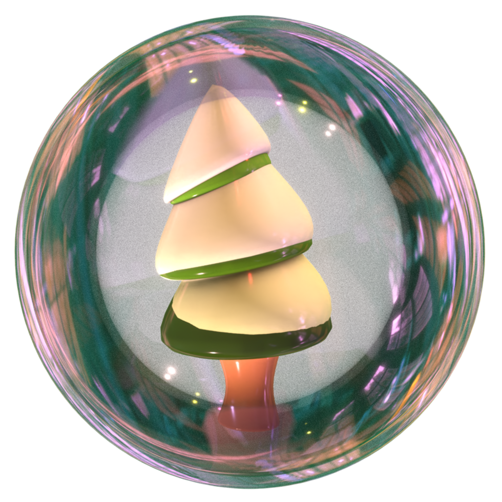 3D render of a snow covered fir tree inside a round glass container png
