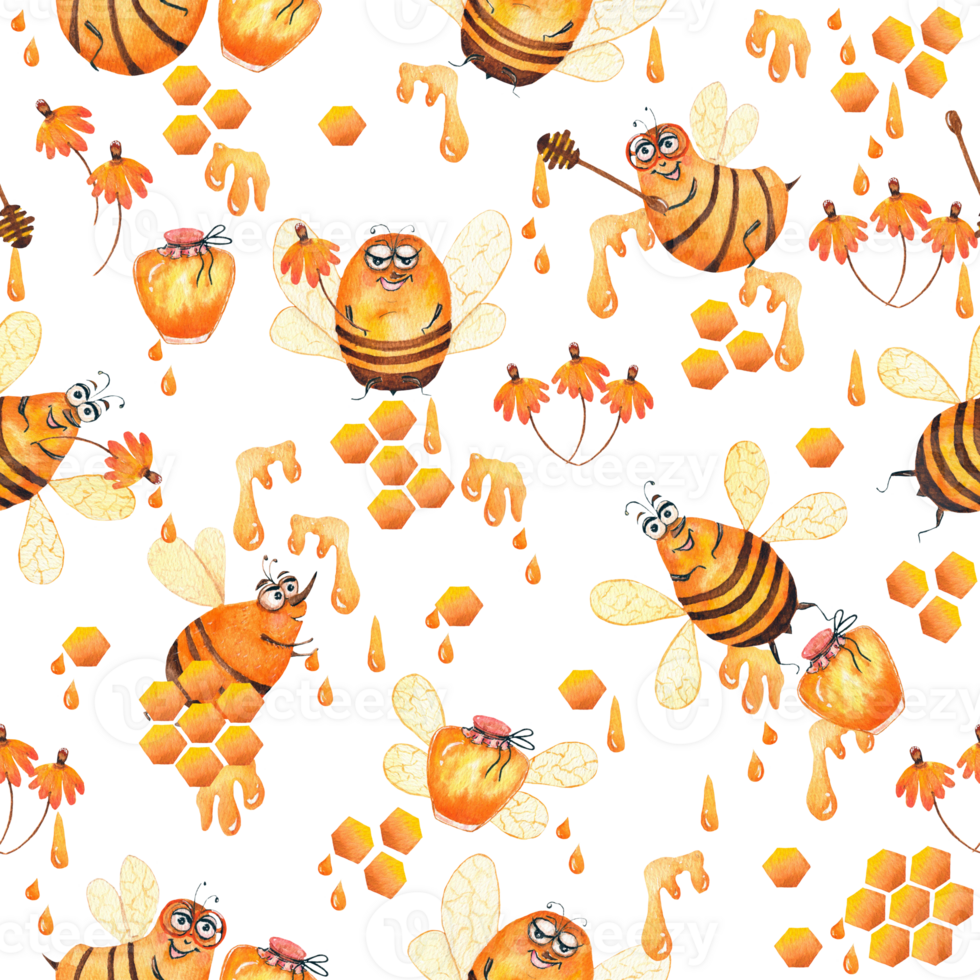 Seamless pattern with the image of plait, bee honey, honey jar and honeycomb. Watercolor png