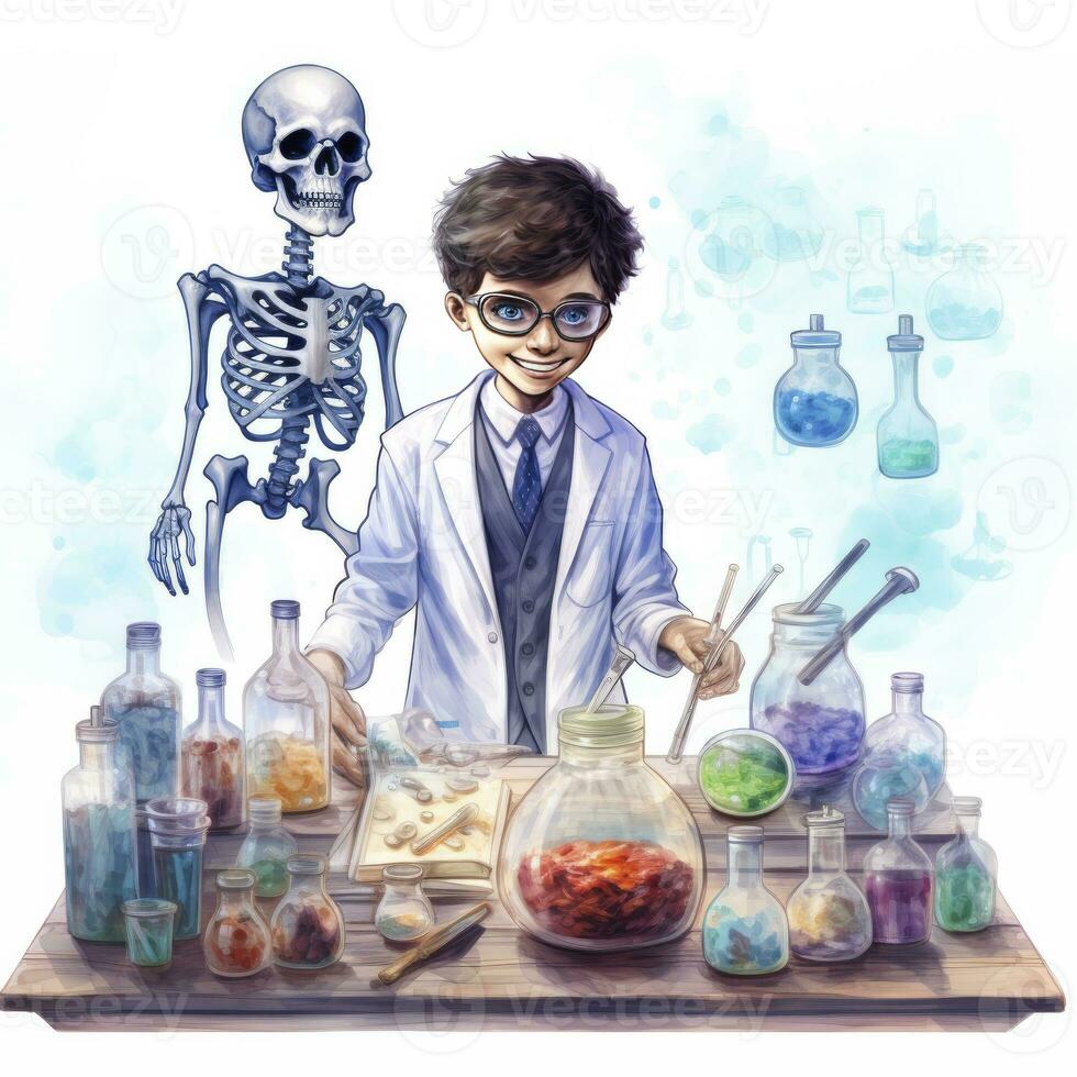 AI generated A student in a science classroom with lab equipment, watercolor. AI Generated photo