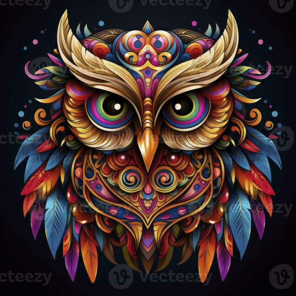 AI generated Multicolored mandala owl coloring page for adults. AI Generated photo