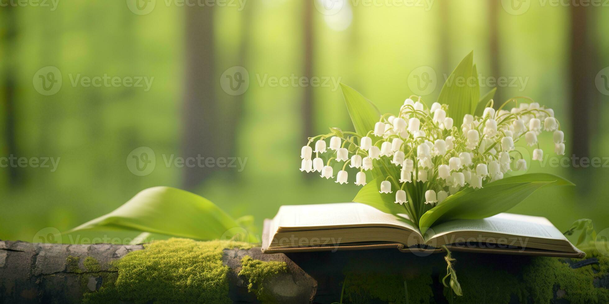 AI generated Lily of the Valley flowers and old books in the forest, green natural background. AI Generated photo