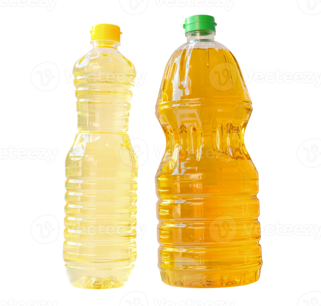 Two bottle of vegetable oils in set isolated in png file format. Top view and flat lay