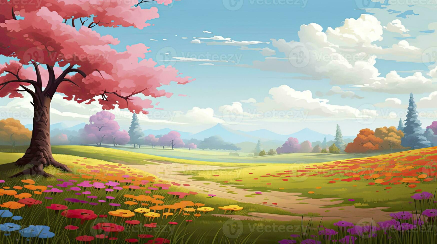 AI generated Spring season with colorful flowers and trees in a pretty meadow or field. AI Generated. photo