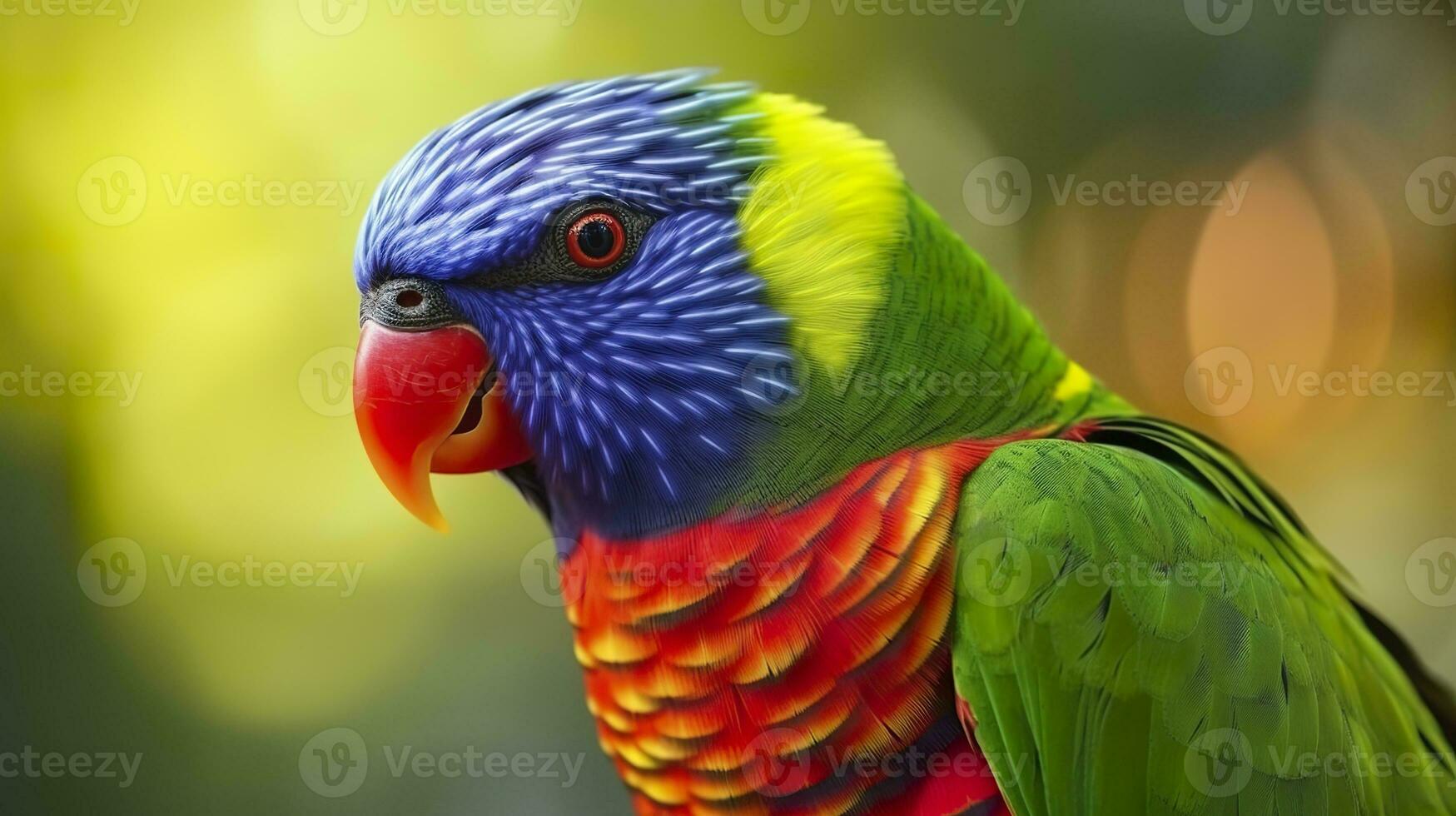 ai generado lado ver de cerca de hermosa y vistoso lorikeet verde nuca pájaro. generativo ai foto