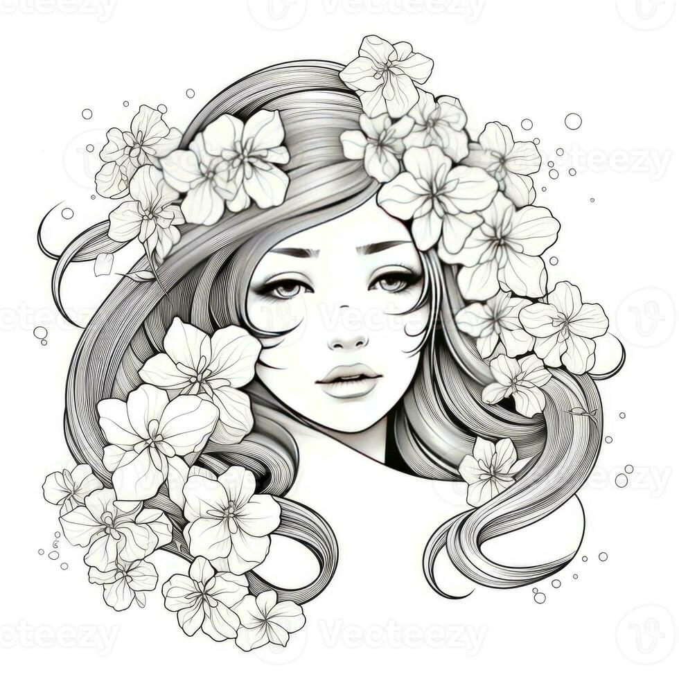 AI generated A girl on a coloring book page with Jasmine flowers. AI Generated photo