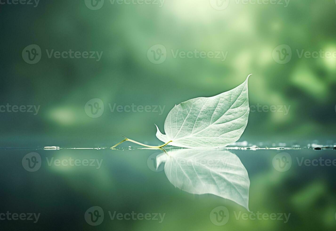 ai generado blanco transparente hoja en espejo superficie con reflexión en verde antecedentes macro. generativo ai foto