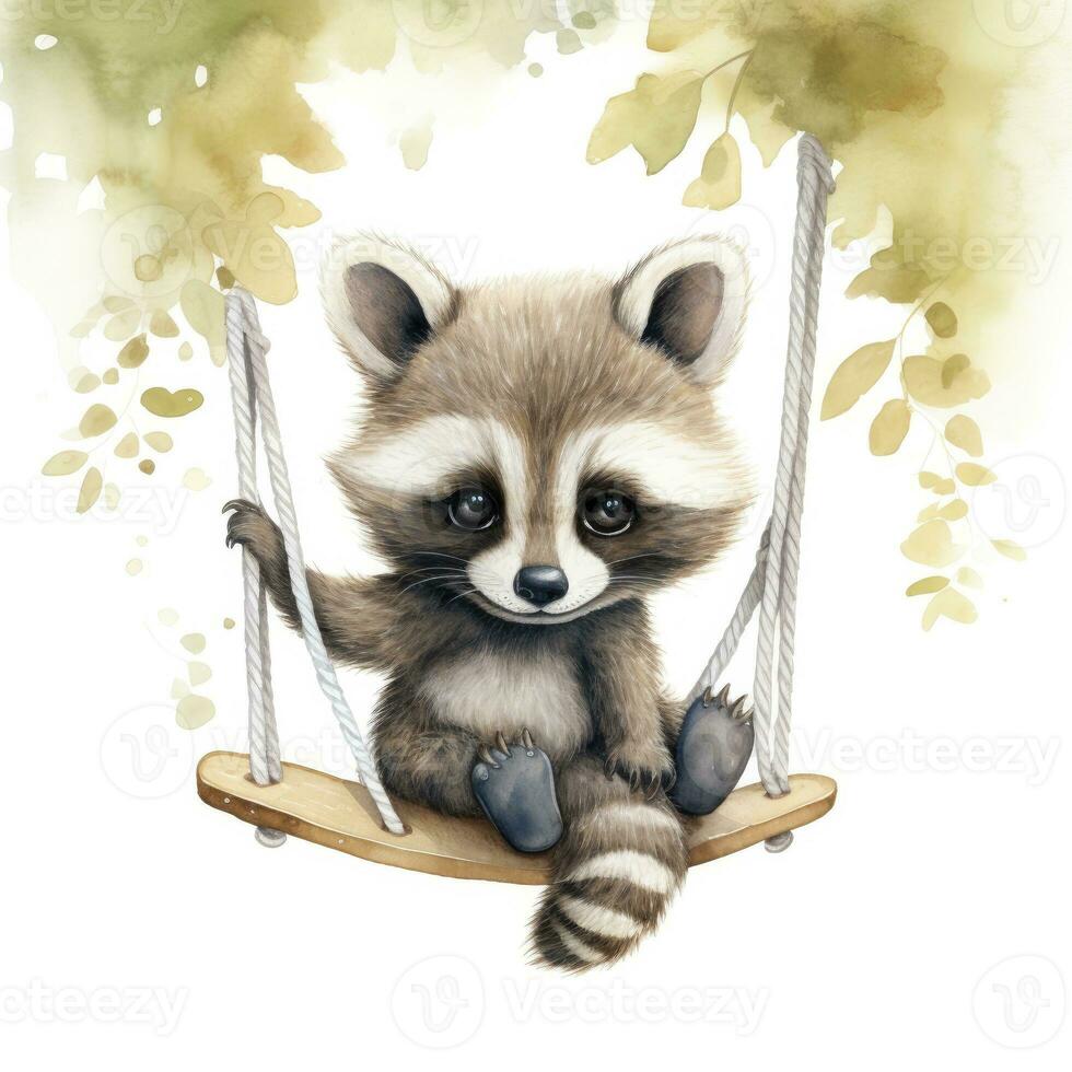 AI generated Cute baby raccoon in watercolour style, sitting on swings attached to the tree. AI Generated photo