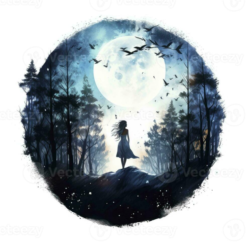 AI generated Forest moon silhouette with fairy shining in the night sky on a white background. AI Generated photo