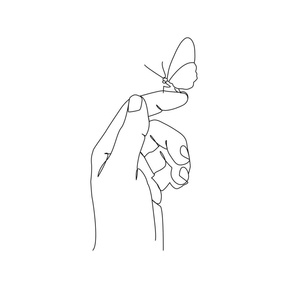 Butterfly in hand continuous One line drawing. Vector illustration of various insect forms in trendy outline style