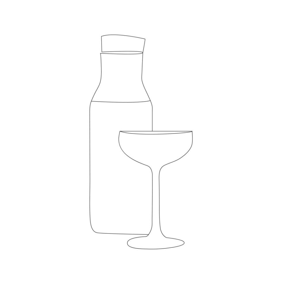 bottle and glasses continuous one line art. Trendy style design vector illustration