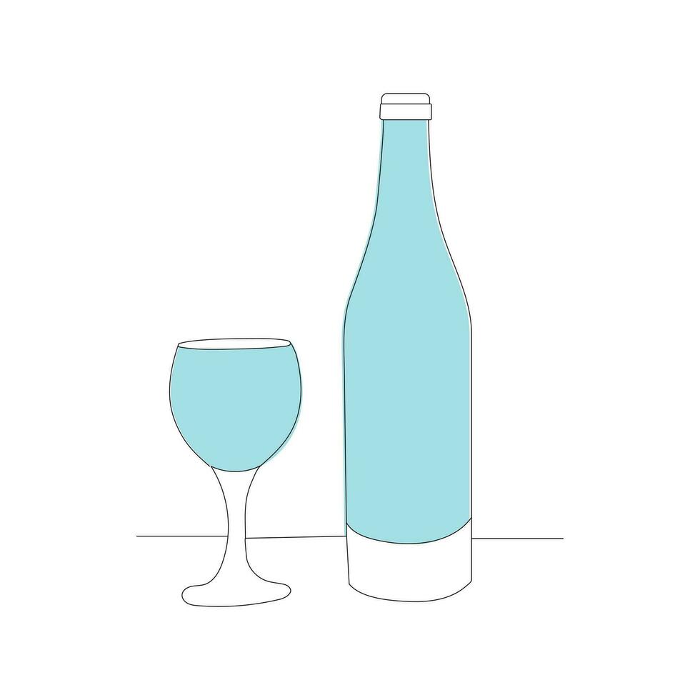 bottle and glasses continuous one line art. Trendy style design vector illustration