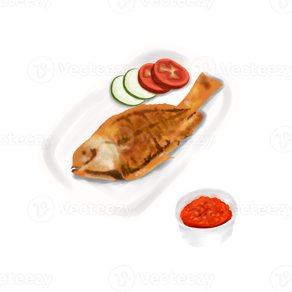Fried fish in png transparent background Fried fish in png transparent background with vegetables