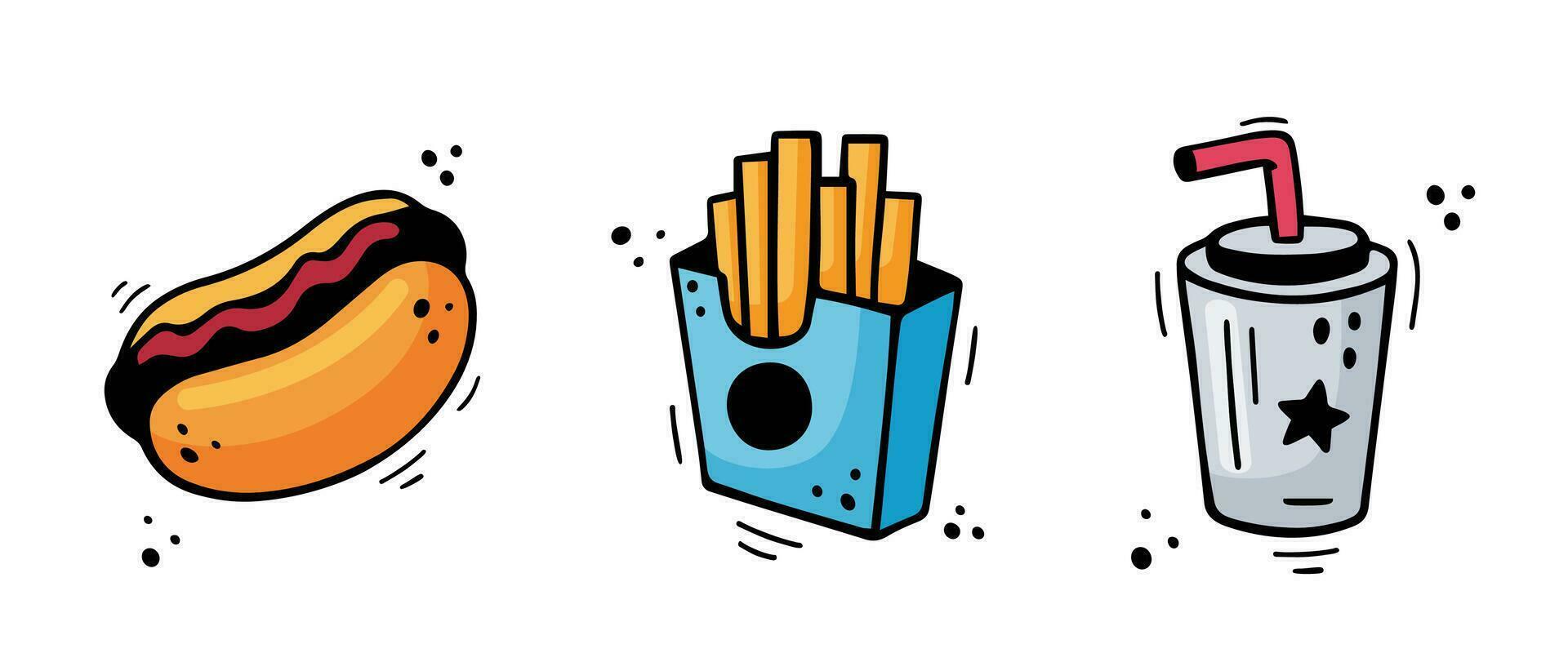 rápido comida conjunto - caliente perro, francés papas fritas, beber. mano dibujado rápido comida combo comida. cómic garabatear bosquejo estilo. vector