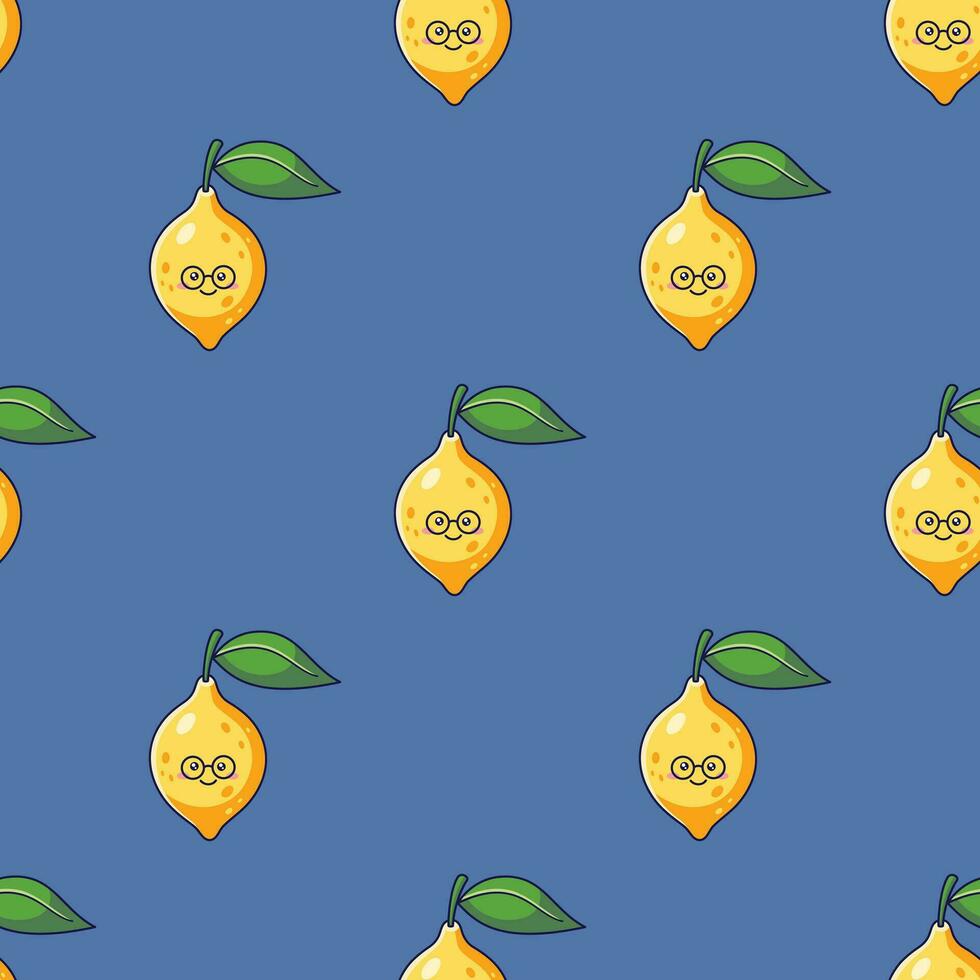 Cute Kawaii Lemon character with glasses seamless pattern. Vector hand drawn illustration. Lemon character in doodle style. Pattern on blue background. Shy nerd lemon character texture, textile.