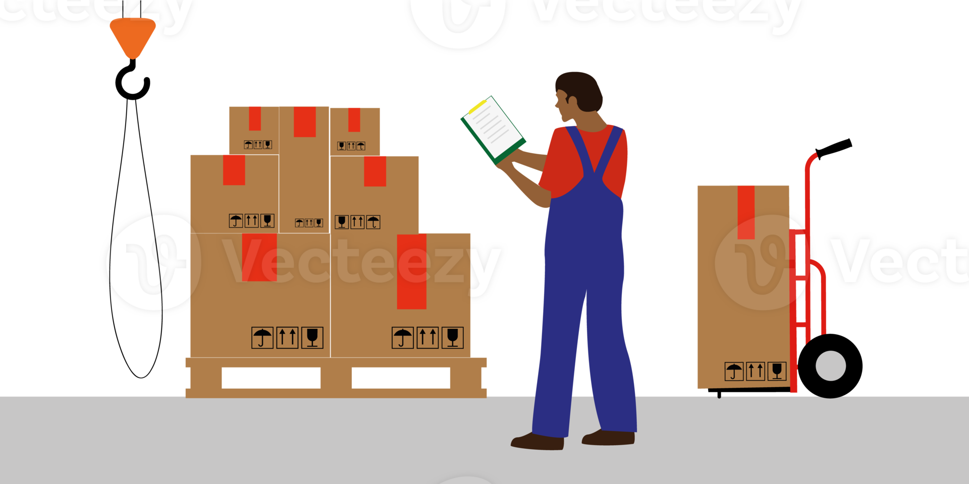 Warehouse worker checking goods in boxes. Stock taking job. Modern flat style illustration isolated png