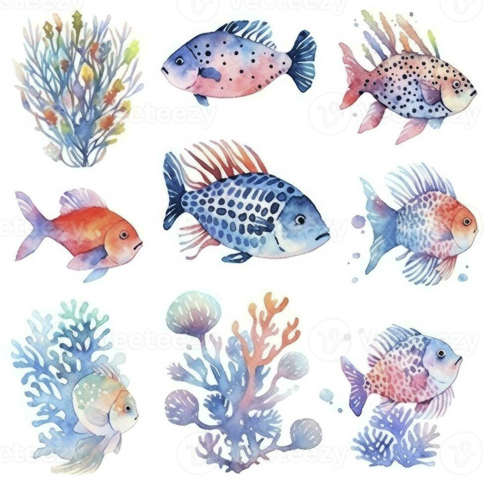 AI generated Underwater Sea element in watercolor on the white background. AI Generated photo