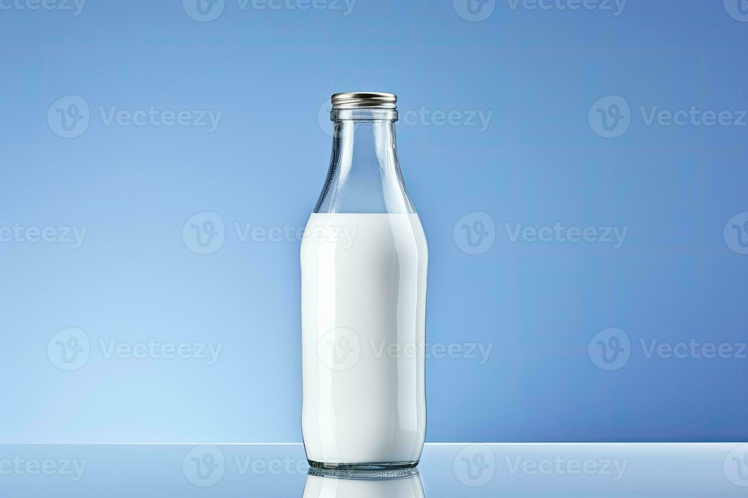 AI generated A glass bottle with full milk on blue background. AI Generated photo