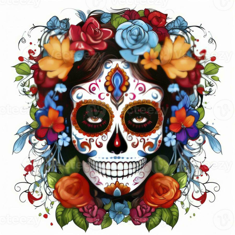AI generated Woman sugar skull with beautiful colored flowers on white background. AI Generated photo