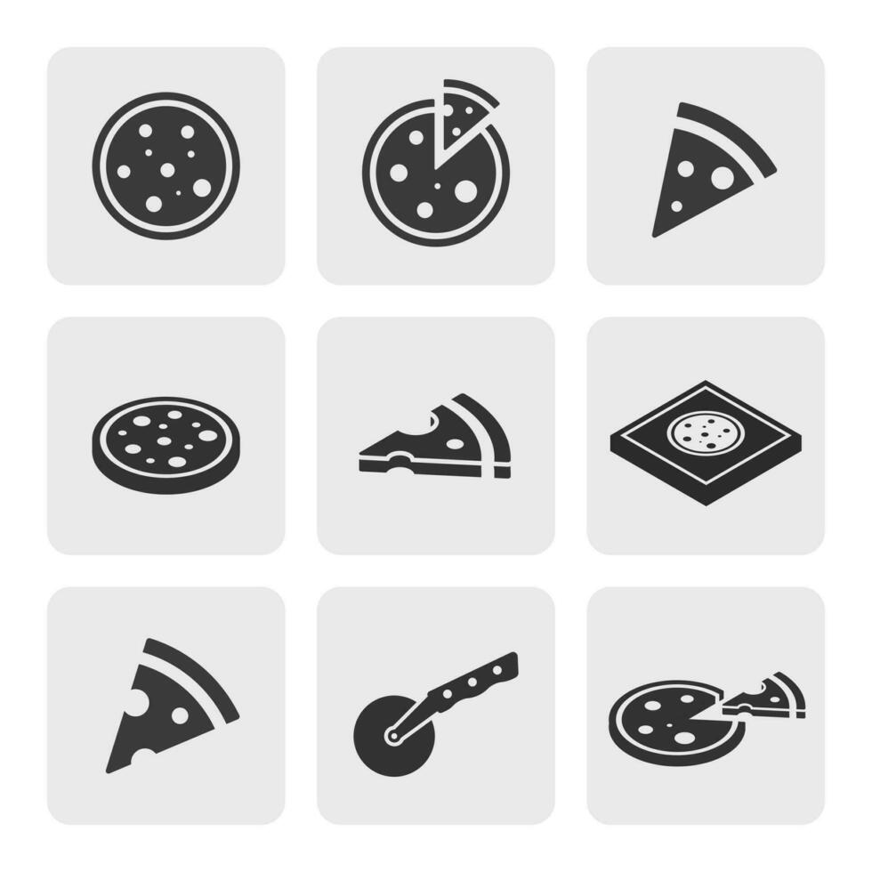Versatile Set of 9 Simple Pizza Icons. Whole, Slice, Isometric, Pizza Box, Cutter. Black Silhouettes Isolated on White Background. Vector Design, Illustration in Flat Style for Maximum Creativity