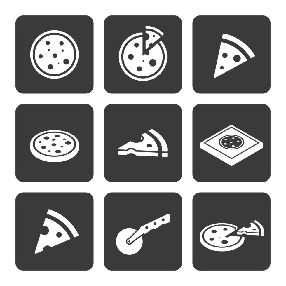 Dynamic Set of 9 Simple Pizza Icons. Whole, Slice, Isometric, Pizza Box, Cutter. White Silhouettes on Black Background. Vector Design, Illustration in Flat Style for Maximum Creativity