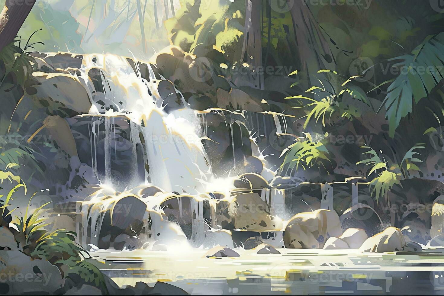 AI generated Watercolor scene of a cascading waterfall surrounded by rainforest. AI Generated. photo