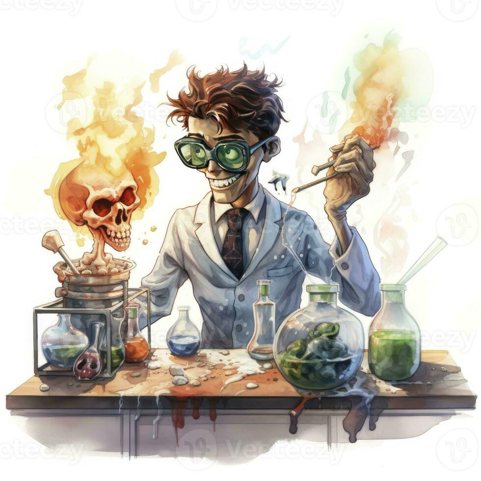 AI generated A student in a science classroom with lab equipment, watercolor. AI Generated photo