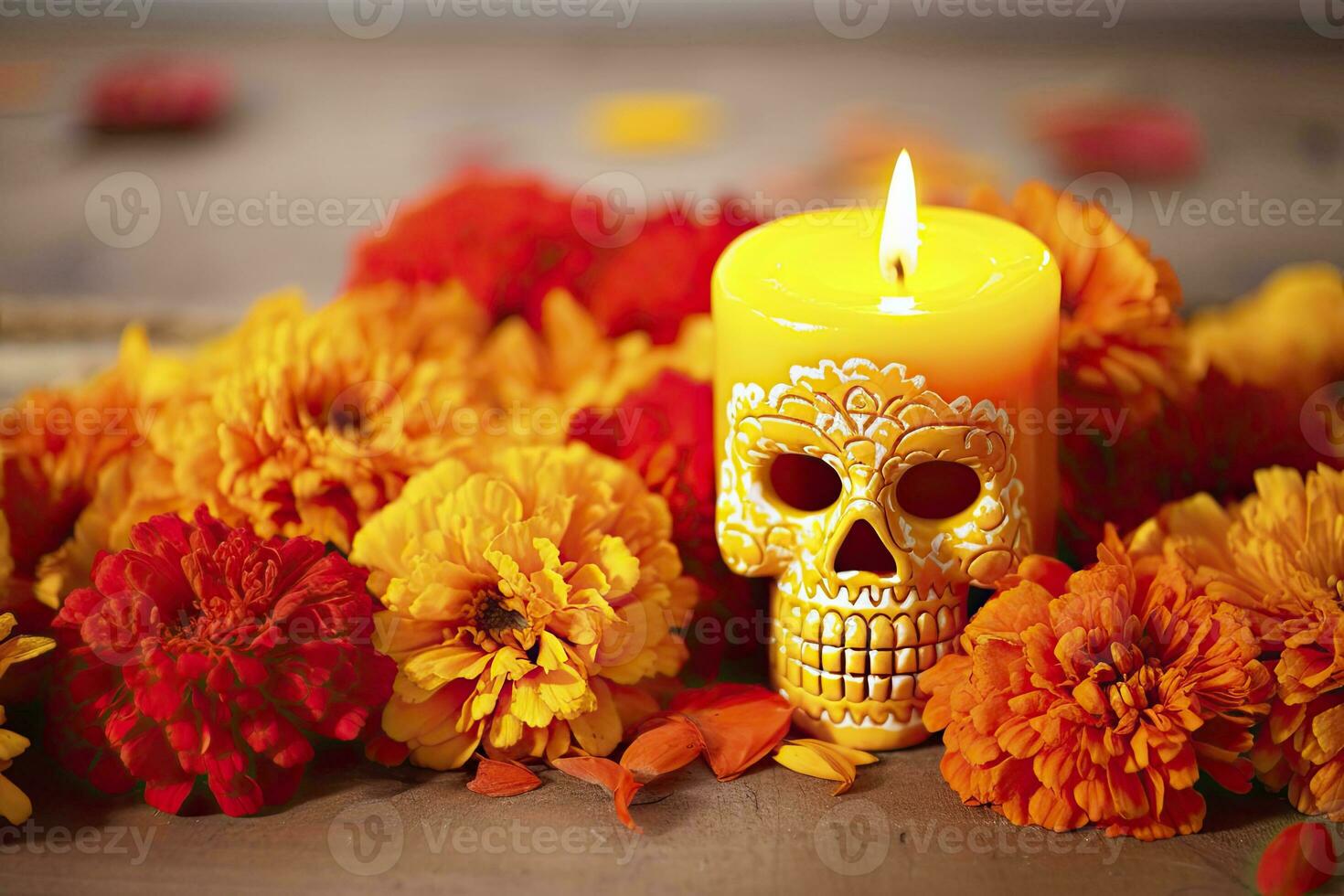 AI generated Candles and marigold flowers. Day of the dead concept dia de los muertos. AI Generated photo