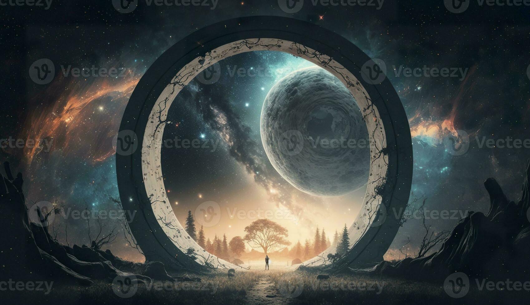 AI generated Portal to another world. Futuristic cosmic landscape with circle tunnel in starry sky. Generative AI photo