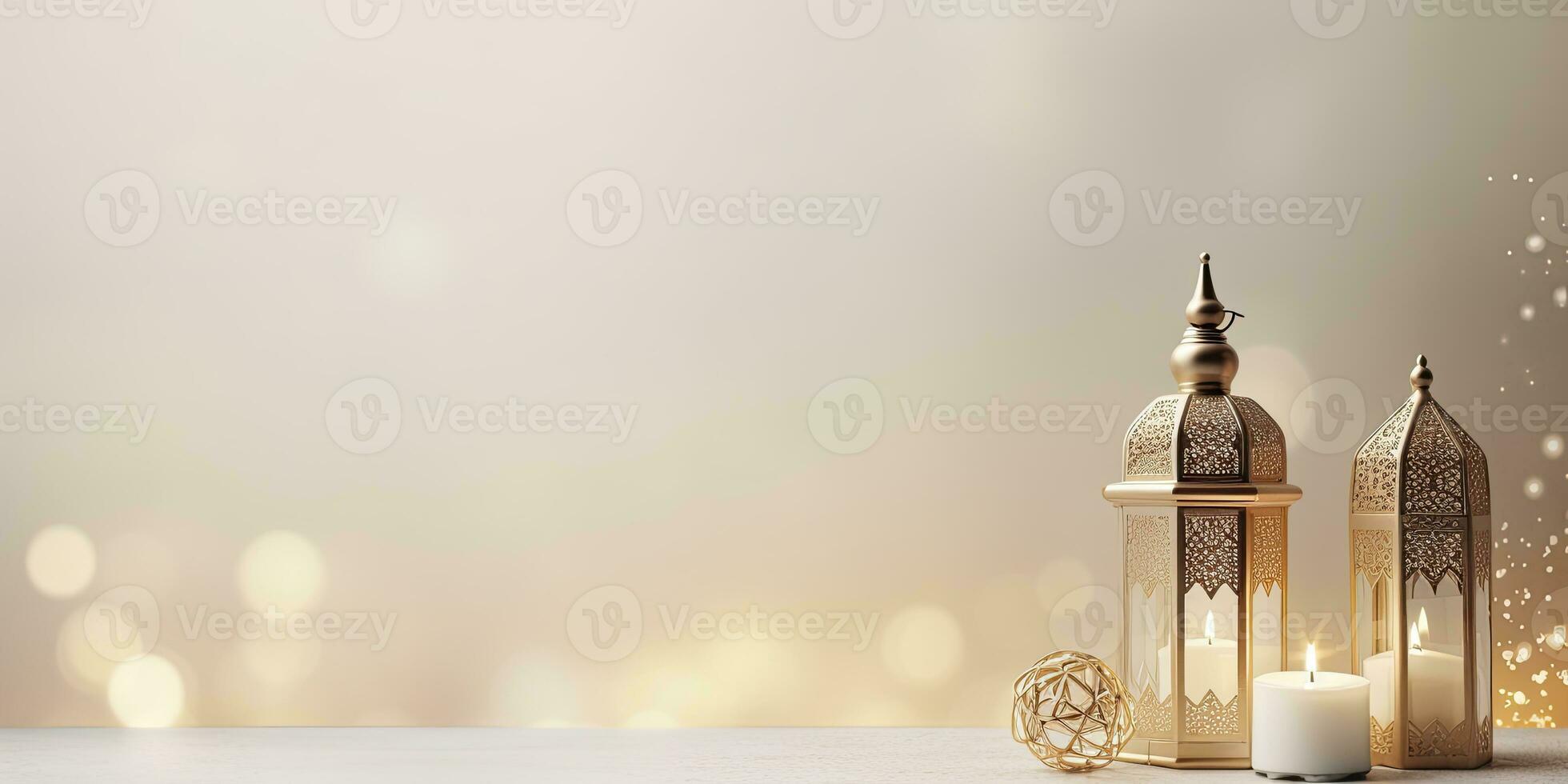 AI generated Celebration of islamic eid mubarak and eid al adha lantern in a light background. AI Generated photo