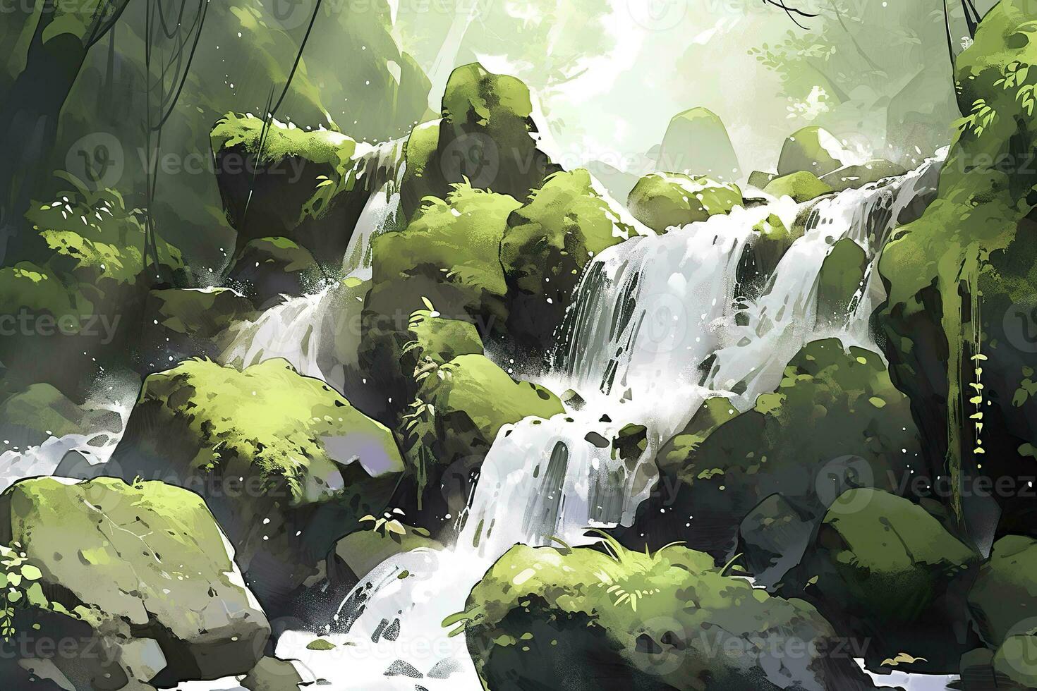 AI generated Waterfall landscape with rocks covered in green moss. AI Generated photo