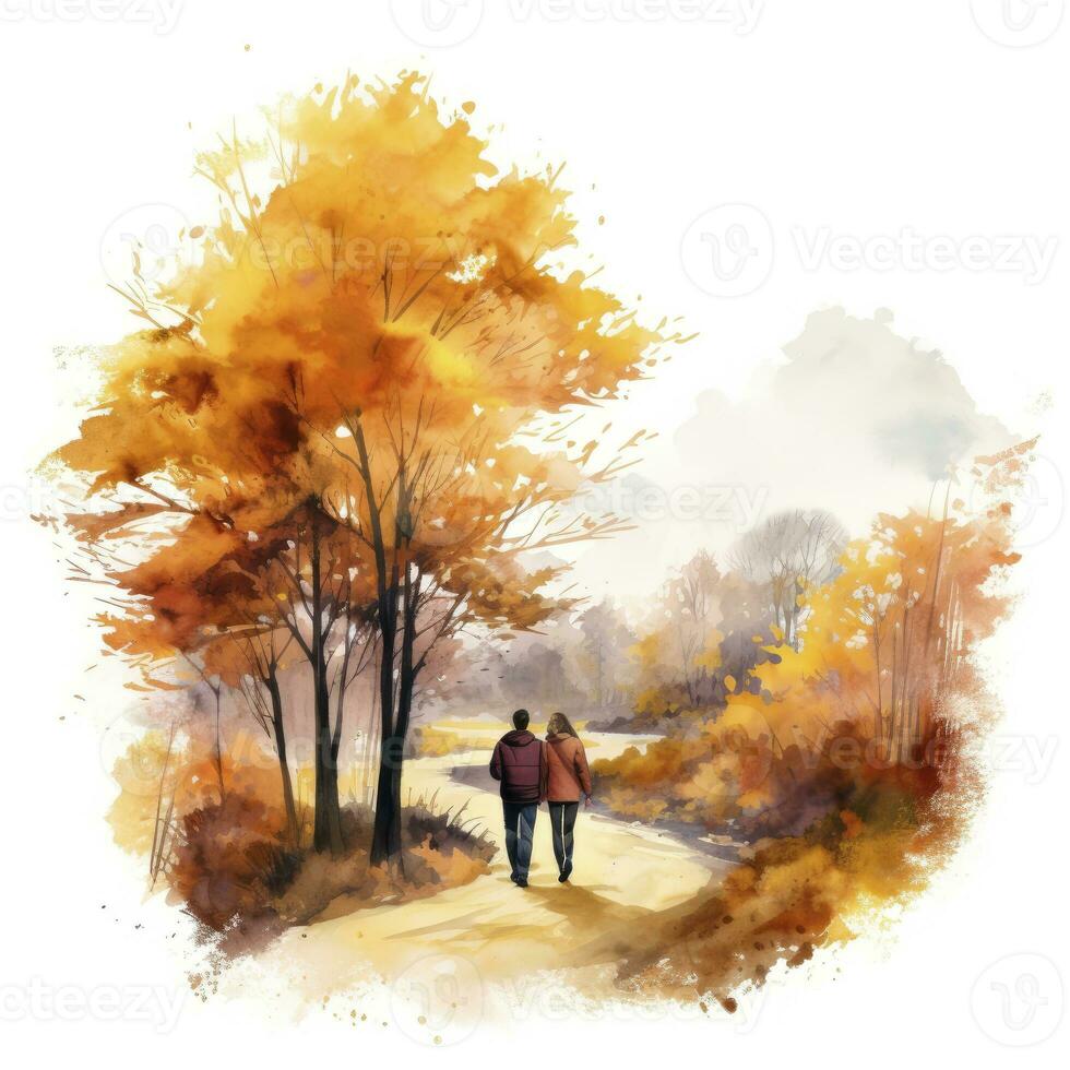 ai generado acuarela otoño paisaje con un Pareja caminando. ai generado foto