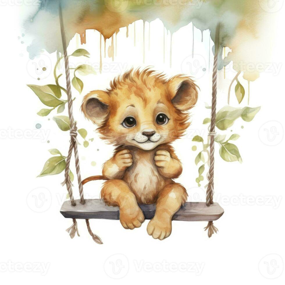 AI generated Cute happy baby lion on swings attached to the tree in watercolor style. AI Generated photo
