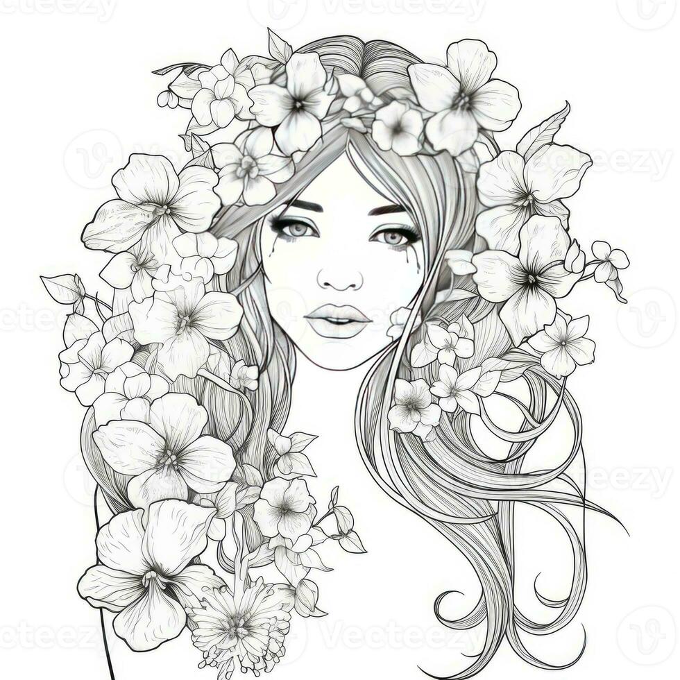 AI generated A girl on a coloring book page with Jasmine flowers. AI Generated photo