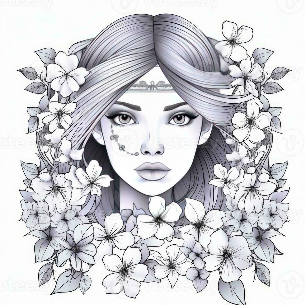 AI generated A girl on a coloring book page with Jasmine flowers. AI Generated photo