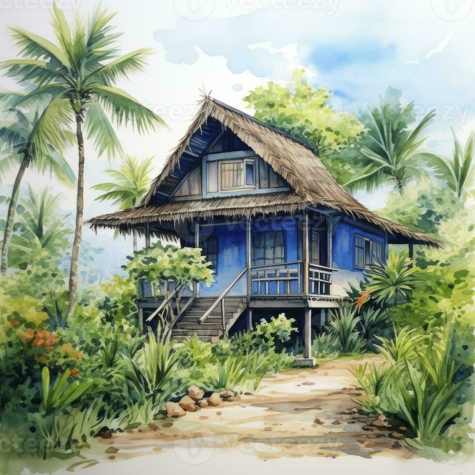 AI generated A watercolored bright serene image of a traditional bahay kubo. AI Generated photo