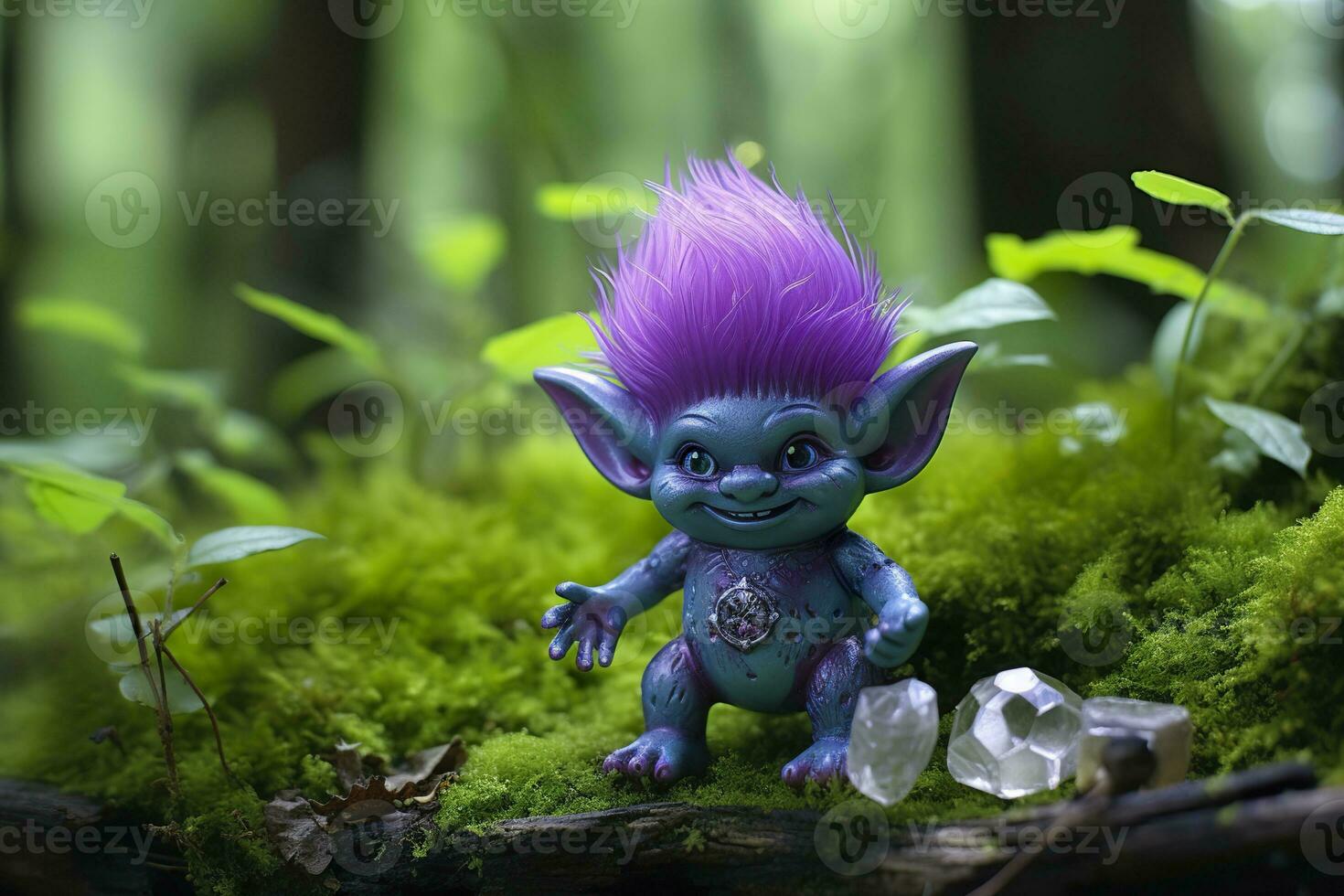 AI generated Tale troll with crystals in the forest, natural green background. Generative AI photo