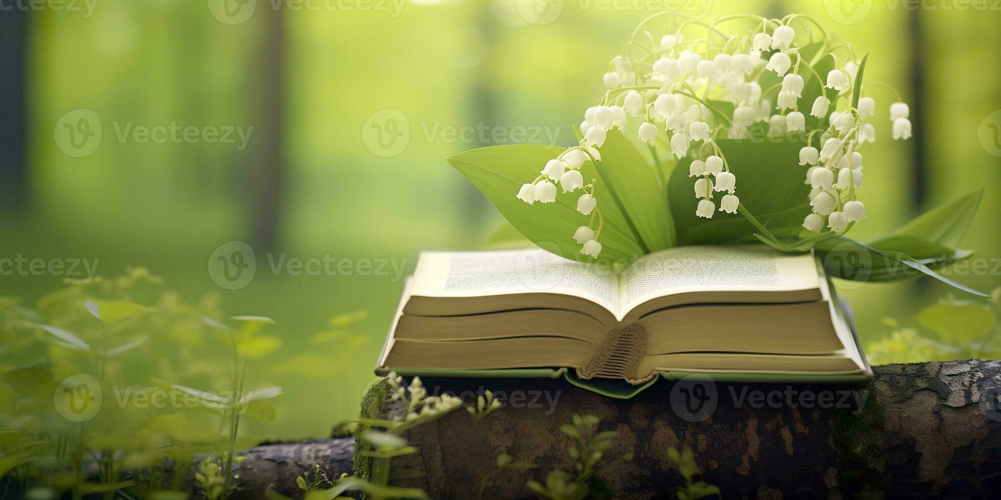 AI generated Lily of the Valley flowers and old books in the forest, green natural background. AI Generated photo