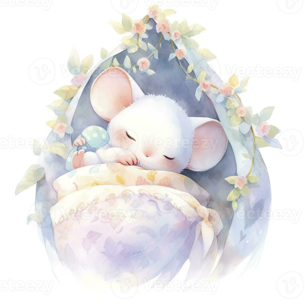 AI generated A sleepy baby mouse in a bedding, watercolor illustration.  AI Generated photo