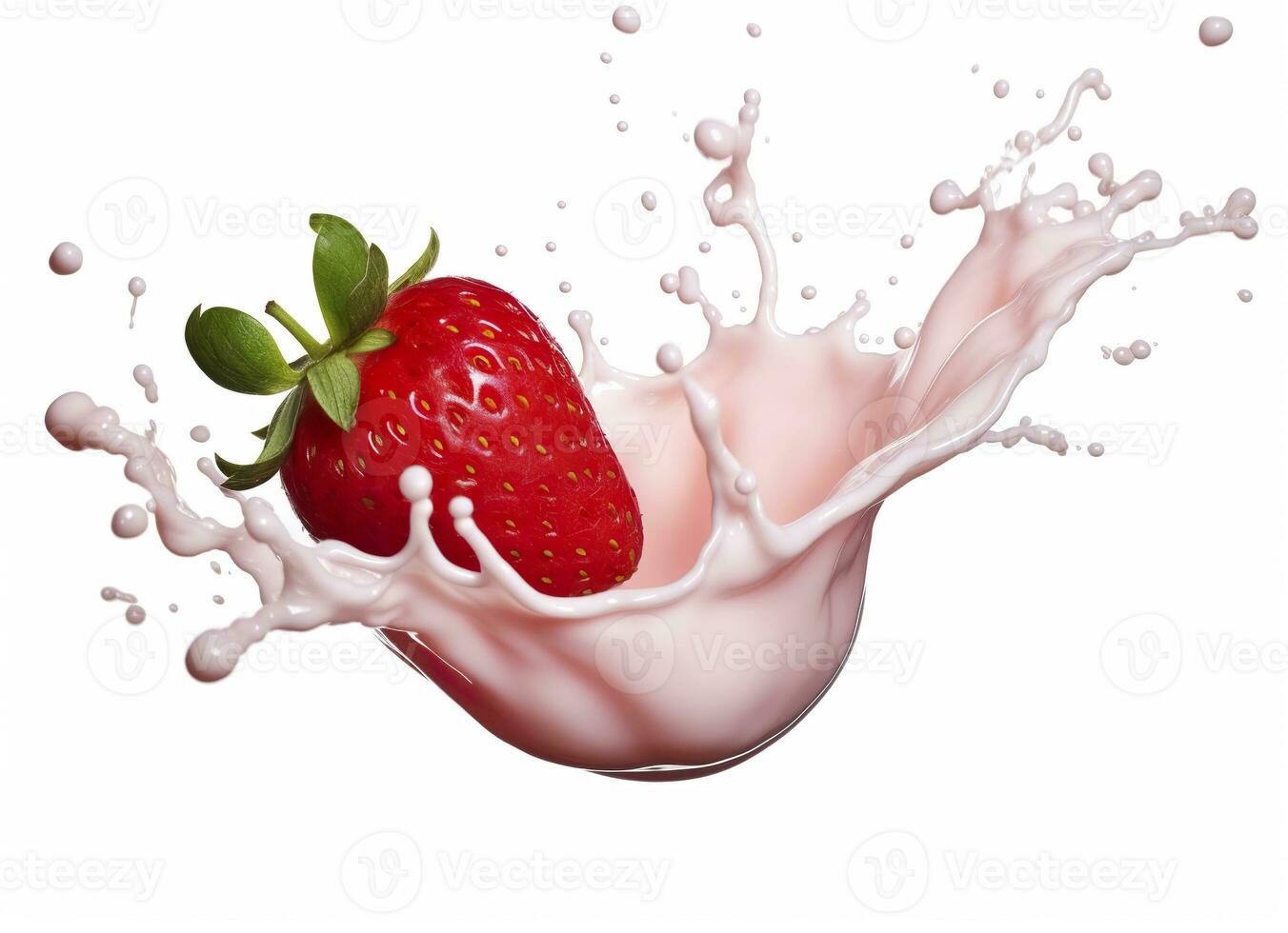 AI generated milk or yogurt splash with strawberries isolated on white background, 3d rendering. AI Generated photo