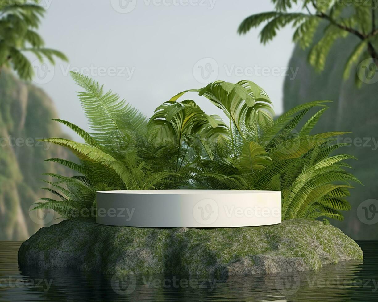 AI generated Stone product display podium for cosmetic product with green nature garden background. Generative AI photo