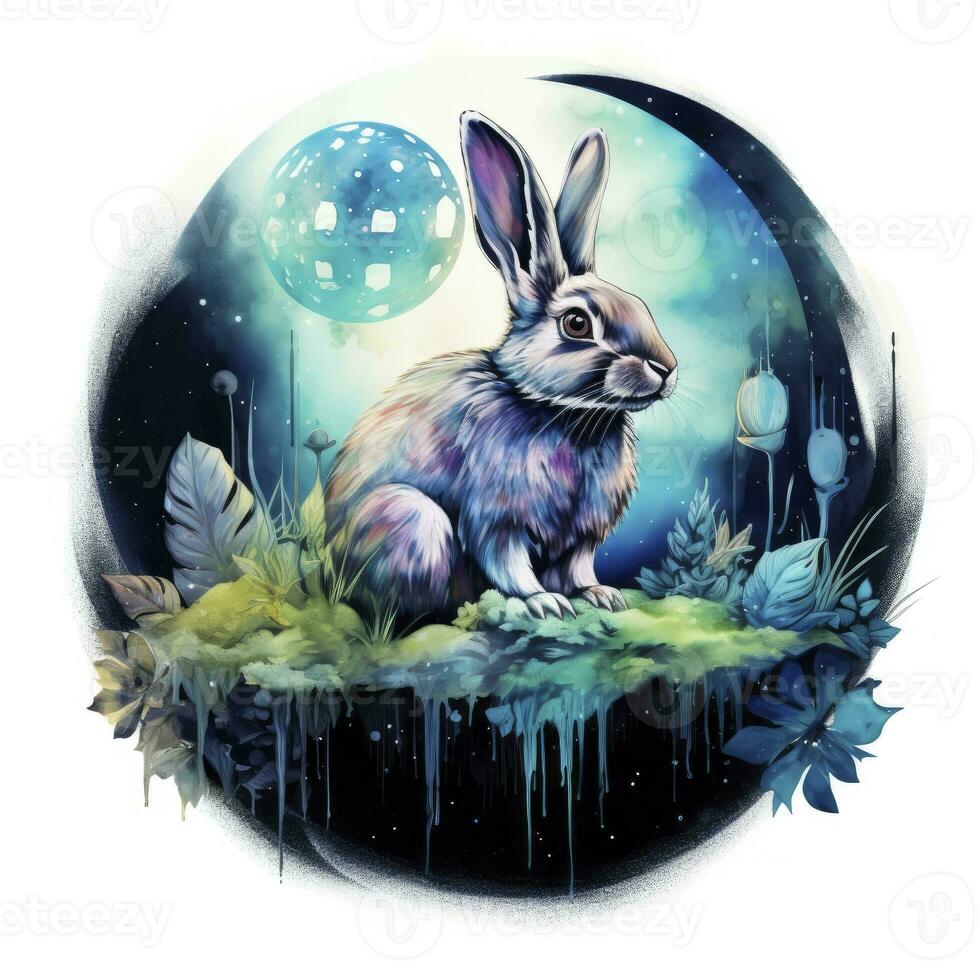 AI generated Watercolor Rabbit and Glowing Moon for T-shirt Design. AI Generated photo