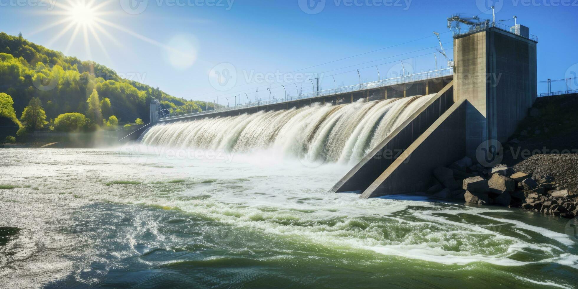 ai generado hidroeléctrico represa generando verde energía desde fluido agua. ai generado. foto